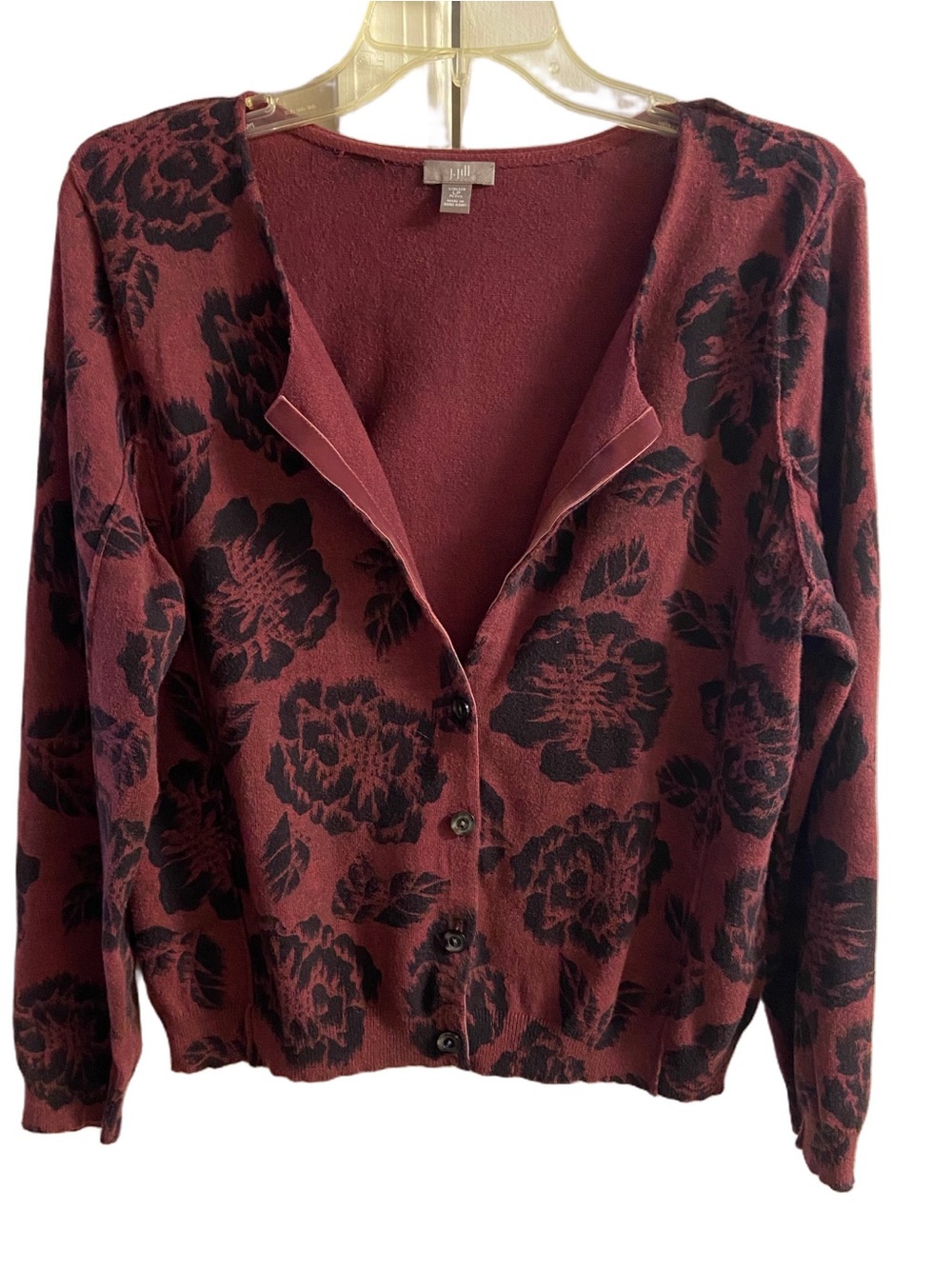 J. Jill Maroon/Burgundy Floral Print Button-Front Cardigan Sweater Large Petite